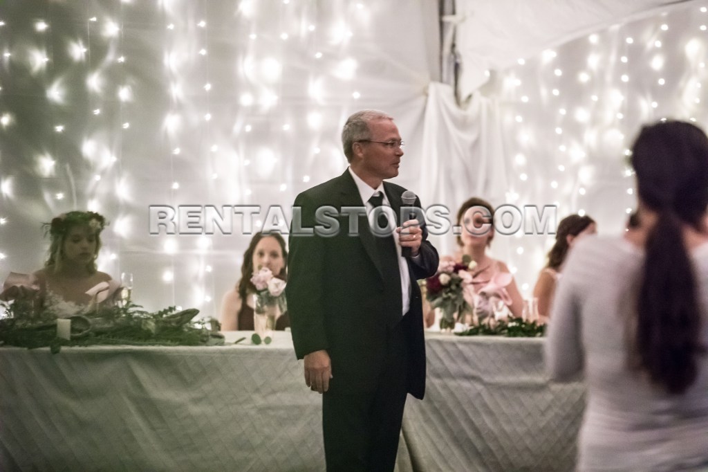 A man in a suit speaking at a wedding reception with a microphone, while guests seated at a decorated table listen; a backdrop of twinkling lights is visible.