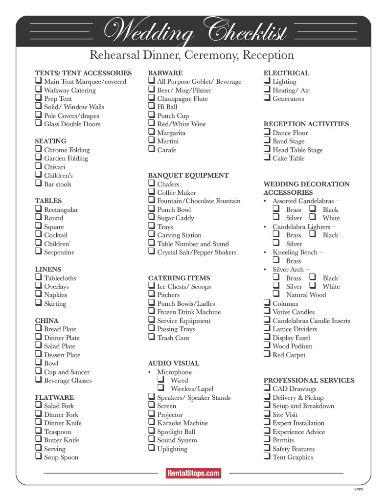 A comprehensive wedding checklist outlining items needed for the rehearsal dinner, ceremony, and reception, including categories such as tent accessories, seating, tables, barware, banquet equipment, linens, china, flatware, catering items, audio-visual equipment, and professional services.