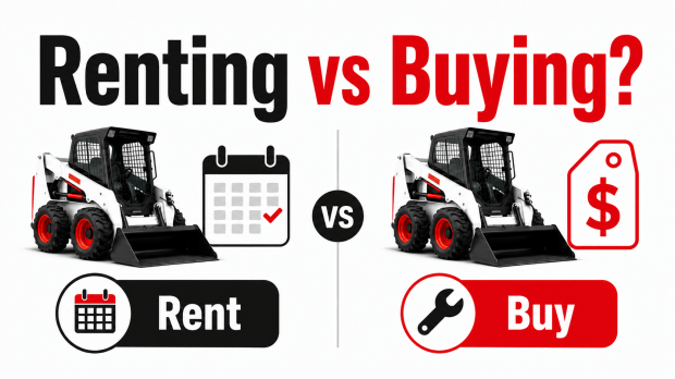 Image comparing renting versus buying construction equipment with illustrations of a skid steer loader on each side, featuring a calendar icon for renting and a price tag icon for buying.