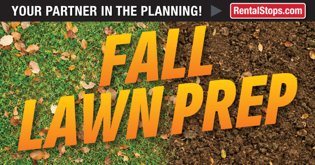 Banner promoting fall lawn preparation, featuring a split image of grass and bare soil, with the text 'FALL LAWN PREP'.