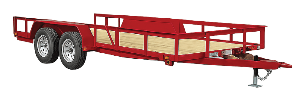 A red utility trailer with a wooden floor and two wheels, featuring a low-profile design and a front coupling mechanism.