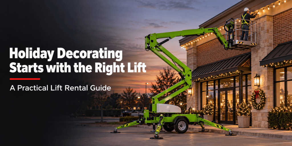 A green lift being used for holiday decorating, with a worker safely elevated to hang lights on a building, surrounded by festive decorations.
