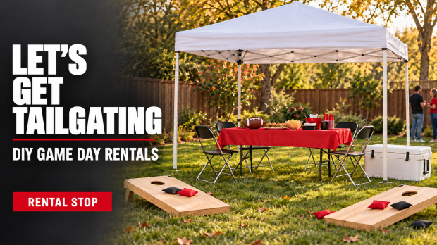 A backyard party setup featuring a tent, table with red tablecloth, footballs, snacks, and cornhole boards on the grass, promoting DIY game day rentals.